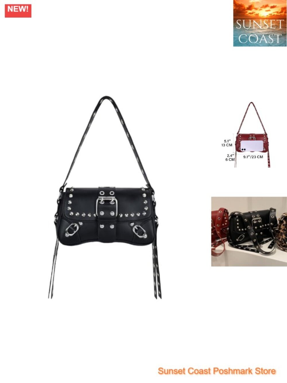 Studded Rivet Punk Shoulder Bag Y2K Trendy PU Leather Hobo Small Clutch Cute